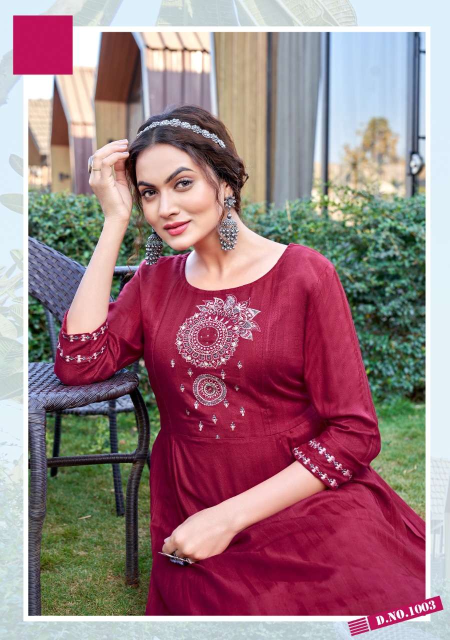 MORNI VOL 1 BY KOODEE BRAND PRESENTS HEAVY RAYON DOBBY HANDWORK, EMBROIDERY AND KHATLIWORK DESIGNER NAYRA STYLE KURTI-1003-C